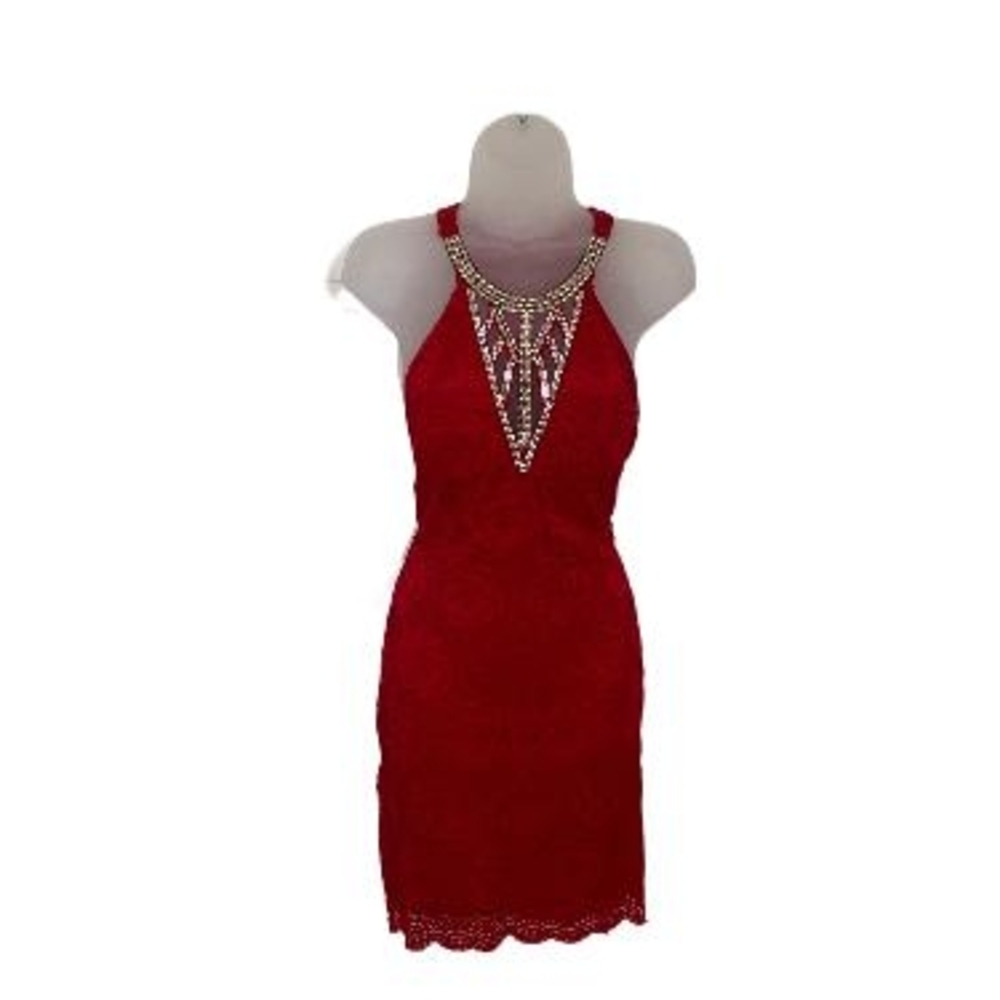 Chic Red Halter Dress with Embellished Neckline